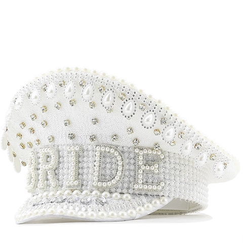 Sombrero De Capitán De Novia Blanco Perla Artificial De Lujo Diamantes De Imitación Lentejuelas Gorra Naval Despedida De Soltera