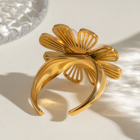 Elegante Anello Aperto a Fiore in Acciaio Inossidabile per Donna Placcato Oro Perla Artificiale Foglia Botanica Gioielli Regolabili
