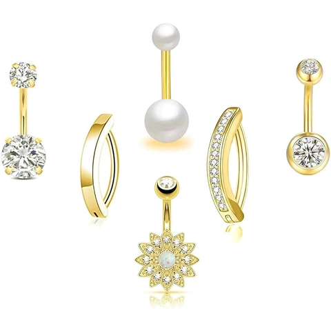 Stainless Steel Rhinestone Artificial Pearl Belly Button Rings Flower Heart Geometric Dangle Body Piercing Jewelry Collection