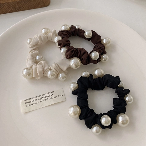 Large Faux Artificial Pearl Scrunchies Fabric Elastic Hair Ties Korean Style Elegant Hair Bands For Women Girls Minimalist Headwear