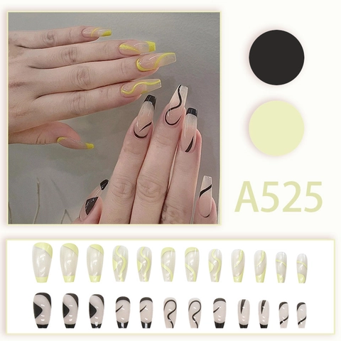 Unghie Finte Lunghe Coffin Linea Ondulata Gialla Nera Design Geometrico Resina Manicure Fai Da Te Eleganti Unghie Artificiali