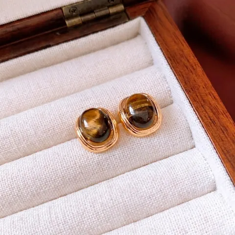 Tiger's Eye Stud Earrings With 18K Gold Plated Brass And Silver Earring Post Vintage Maillard Style Elegant Jewelry