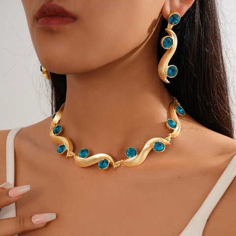 Collana E Orecchini In Lega Con Strass Blu Perno In Argento Stile Palazzo Vintage Per Gioielli Da Donna