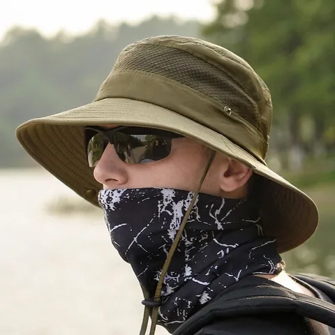 Men Outdoor Sun Bucket Hat Wide Brim Breathable Mesh Polyester For Fishing Hiking With Adjustable Windproof Rope