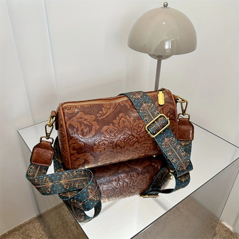 Vintage Embossed Floral Barrel Bag PU Leather Boston Handbag With Wide Ethnic Pattern Strap For Women Shoulder Crossbody
