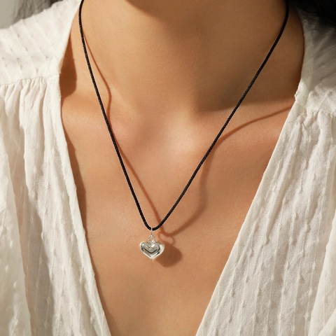 925 Sterling Silber Herz Anhänger Halskette Mit Schwarzem Geflochtenem Seil Minimalistische Polierte Pullover Kette