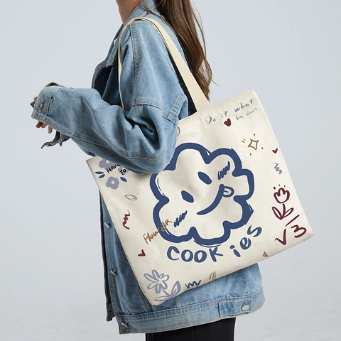 Large Capacity Canvas Tote Bag Cute Cartoon Print Shoulder Handbag For Women Casual Student Travel Daily Shopping Bag