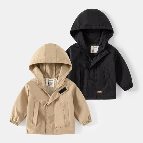 Boys Polyester Solid Color Hooded Windbreaker Jacket Casual Autumn Outwear Zipper Softened Coat For Children Kids