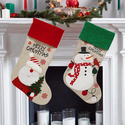 Christmas Stockings Linen Burlap Knitted Cuff Santa Claus Snowman Hanging Ornaments Holiday Party Decor
