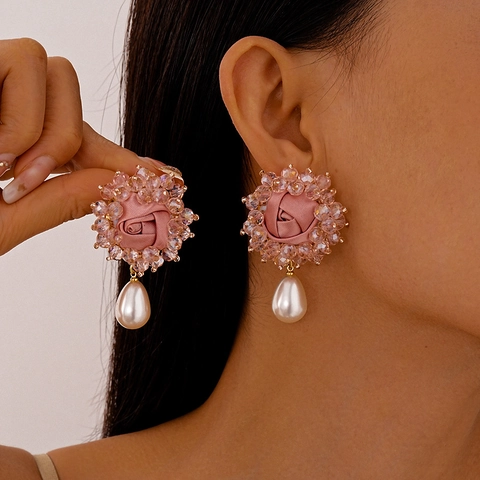Pink Satin Rose Flower Drop Earrings Glass Crystal Beads With 925 Sterling Silver Earring Post Vintage Sweet Style
