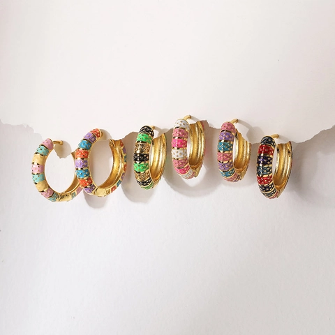Fashion Copper Enamel Hoop Earrings For Women Colorful Geometric Round Ear Buckle Sweet Cool Style Rainbow Jewelry