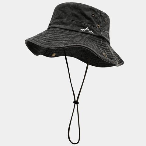Washed Cotton Outdoor Bucket Hat With Mountain Embroidery Sun Protection Adjustable Windproof Strap Hiking Vintage Casual