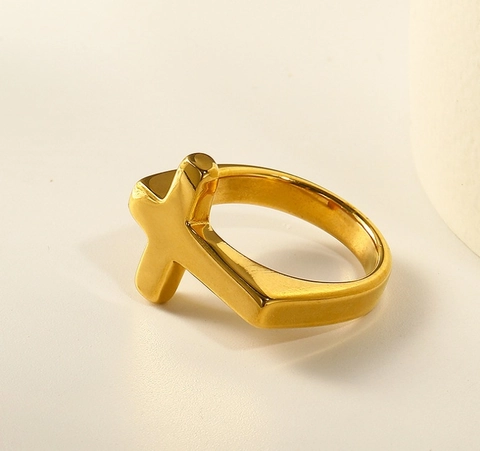 Anello Con Croce Minimalista Placcato Oro 18K Acciaio Al Titanio Fascia Larga Gioielli Di Moda Per Donne