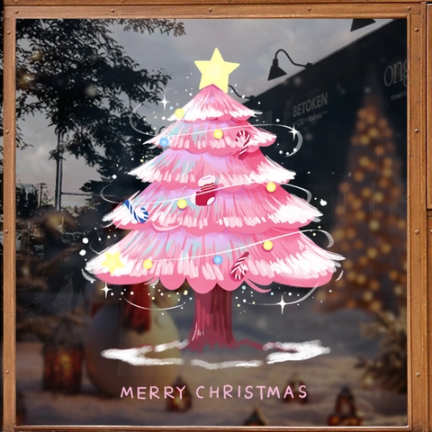 Christmas Tree Window Cling PVC Static Decal Pink Cartoon Illustration Glass Door Sticker Holiday Decor Merry Christmas