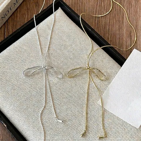 Bowknot Tassel Long Necklace Alloy Snake Bone Chain Water Drop Pendant Minimalist Elegant Jewelry For Women