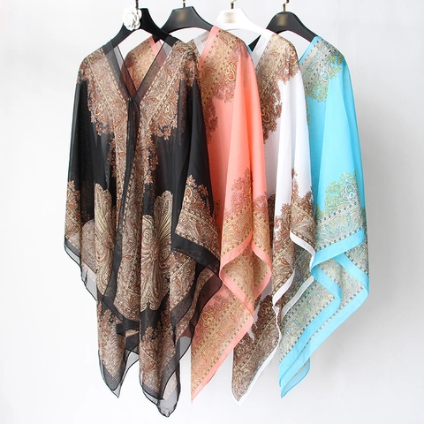 Vintage Paisley Print Satin Shawl With Artificial Pearl Buttons Loose Chiffon Cardigan Beach Sun Protection Cover Up