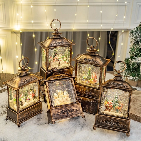 Christmas Snow Globe Lantern Lighted Water Glitter Music Box Vintage Bronze Finish Desktop Holiday Festive Ornament