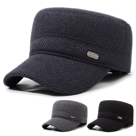Casquette Cadet Homme Mélange Coton Laine Hiver Chaud Chapeau Plat Avec Cache-oreilles Style Militaire Coupe-vent Casual
