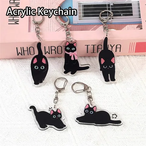 Mignon Dessin Animé Chat Noir Acrylique Porte-Clés Pendentif De Sac Kawaii Figures Animales Impression Recto Verso Accessoire