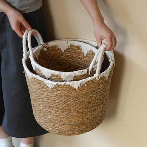 Hand Woven Seagrass Storage Basket Natural Straw Laundry Hamper Cotton Rope Handle Nordic Decorative Home Organizer Bin