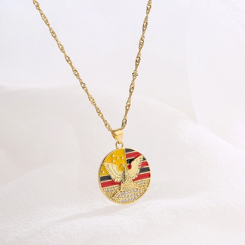Collier Pendentif Rond Drapeau Américain Aigle Royal Cuivre Plaqué Or Zircon Émail Bijoux Patriotiques Rétro Cadeau