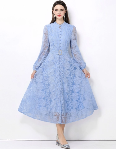 Elegantes Damen Midi Kleid Mit Floralem Spitzenstickerei Französisch Retro Stehkragen Lange Laternenärmel Einreihig Mit Gürtel