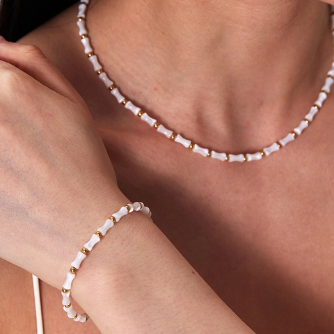 Vintage Französische Muschel Bambus Gliederkette Halskette 18K Vergoldeter Edelstahl Schlüsselbeinkette Damen