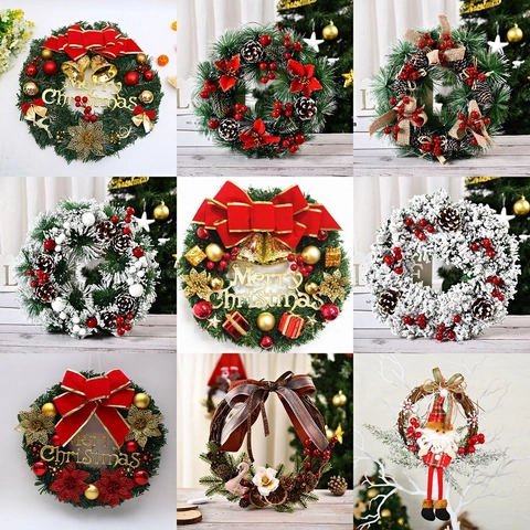 Christmas Wreath Artificial Pine Needle Hanging Decoration For Front Door Window Holiday Festive Decor With Bells Pine Cones Bows