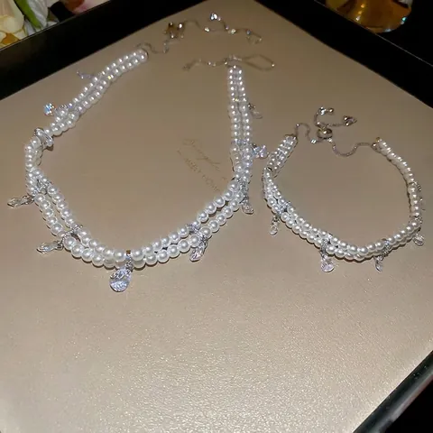 Gelaagde Ketting En Armband Met Imitatieparel Waterdruppel Zirkoon Hangers Verstelbare Mode Sieraden Voor Dames