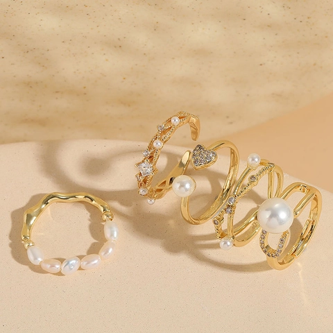 Adjustable Ring For Women Copper 14K Gold Plated With Freshwater Pearl And Zircon French Retro Minimalist Jewelry