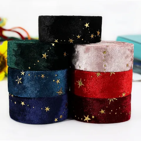 Gold Stamping Star Velvet Ribbon For DIY Hair Accessories Gift Wrapping Party Wedding Decor Craft Material