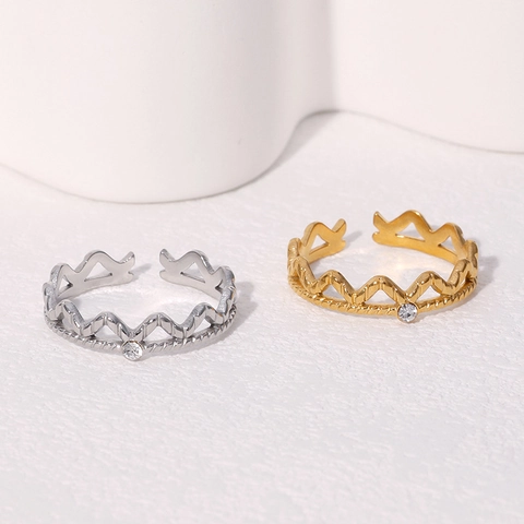 Anello Aperto In Acciaio Inossidabile Forma A Onda Di Corona Regolabile Zirconia Cubica Moda Semplice Da Donna