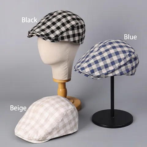Geblokte Platte Pet Lyocell Linnen Mix Retro Britse Stijl Ademend Verstelbaar Jachtmuts Voor Heren Dames