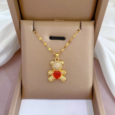Bär Anhänger Halskette Titanstahlkette Kupfer Zirkonia Herz Edelstein Koreanischer Stil Schmuck Für Frauen