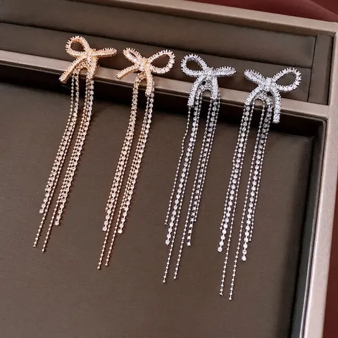 Schleife Lange Quasten Ohrhänger Glänzende Zirkonia Kupfer Mit Silbernem Ohrstecker Eleganter Schmuck Damen