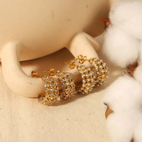Roestvrijstalen C-Vormige Oorbellen 18K Verguld Imitatieparel Inlay En Zirkonia Hoop Stud Oorbellen Voor Dames Mode