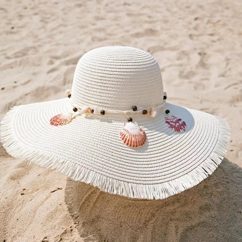 Sombrero De Sol De Paja De Ala Ancha Con Conchas Y Cuentas De Madera Plegable Estilo Vacaciones Playa Para Mujeres