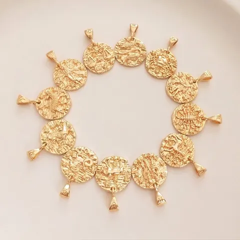 Ciondoli Segni Zodiacali In Rame Placcato Oro 14K Charms Tondo Rilievo Per Creazione Di Gioielli DIY Vintage