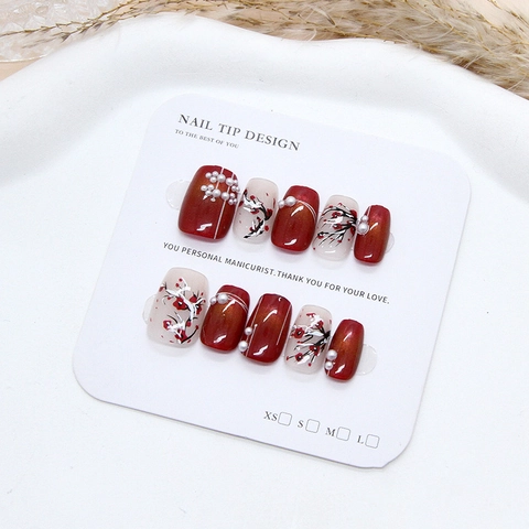 Press On Nails Cat Eye Magnetic Chinese Style Hand Painted Plum Blossom Artificial Pearl Detachable Fake Nails For Women