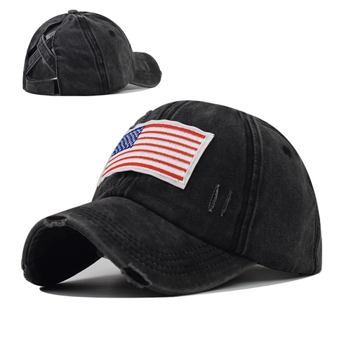 Cappello da Baseball da Donna Lavato Distressed Ricamo Bandiera USA Foro per Coda di Cavallo Incrociato Regolabile