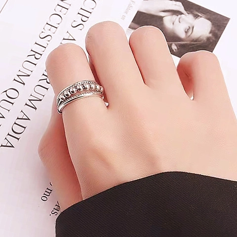 Anti Angst Fidget Ring Für Damen Drehbare Perlen 925 Sterling Silber Retro Verstellbar Offen Stressabbau