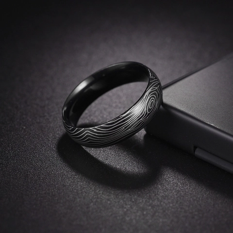 Damascus Patroon Roestvrij Stalen Ring Voor Mannen Zwart Geëtst Houtnerf Band Vintage Punk Sieraden Cadeau