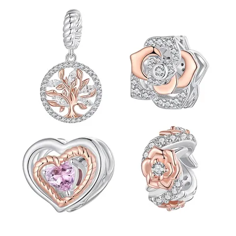 925 Sterling Silver Tree Of Life Rose Flower Heart Beads Charms With Zirconia Two Tone Plated For DIY Bracelet Jewelry Making