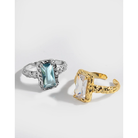 925 Sterling Silver Adjustable Ring Sea Blue Rectangle Zircon Pleated Lava Texture French Vintage For Women