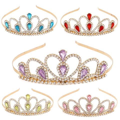 Meisjes Prinses Kroon Tiara Hoofdband Legering Strass Hartvorm Kleurrijke Waterdruppel Edelsteen Bruiloft Haaraccessoire