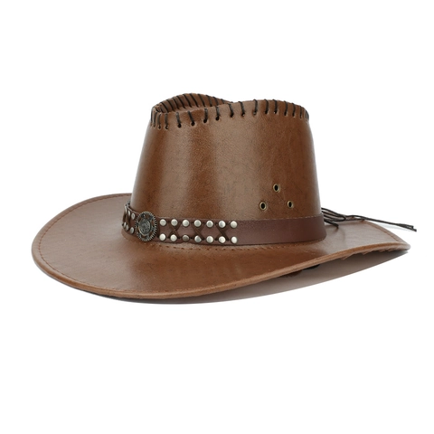 Western Cowboyhoed PU Leer Brede Rand Vintage Jazz Pet Met Klinknagels Tandwiel Badge Zweepsteek Rand Voor Heren Dames
