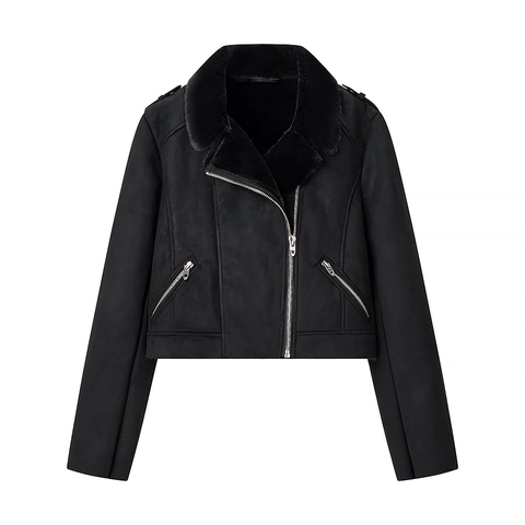 Giacca Moto Donna Nero Cappotto In Scamosciato Sintetico Con Collo In Pelliccia Sintetica Corto Slim Biker Moda Cerniera