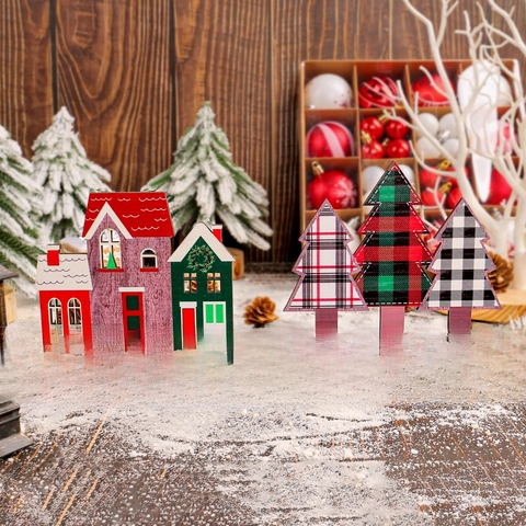Christmas Wooden Desktop Ornaments Plaid Trees And House Table Decorations Holiday Home Decor Painted Festive Gift