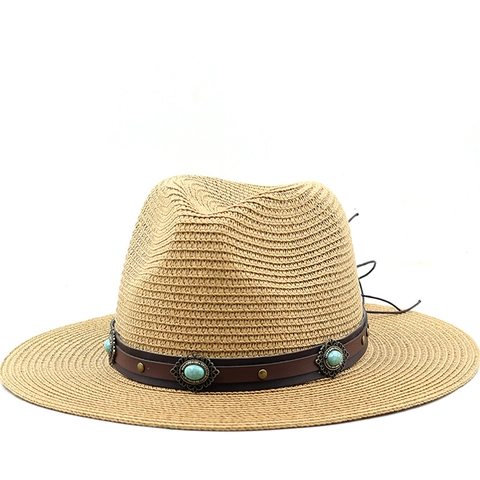 Sombrero Fedora De Paja De Papel Para Mujer Protección Solar Verano Playa Boho Banda Cuero Turquesa