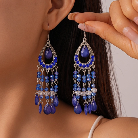 Boucles D'oreilles Bohèmes À Franges Alliage Strass Perles Verre Vintage Goutte D'eau Style Ethnique Femmes